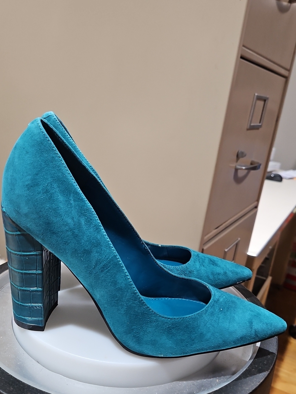 Nine West Teal Suede Pointed Block Heel Pumps